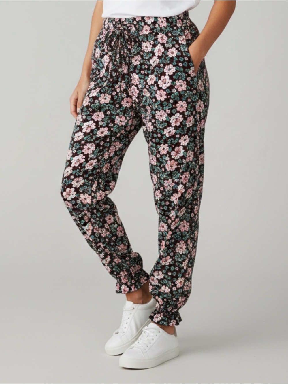 🫶🏻 Floral Drawstring Jogger Pants - Pink Floral on Black